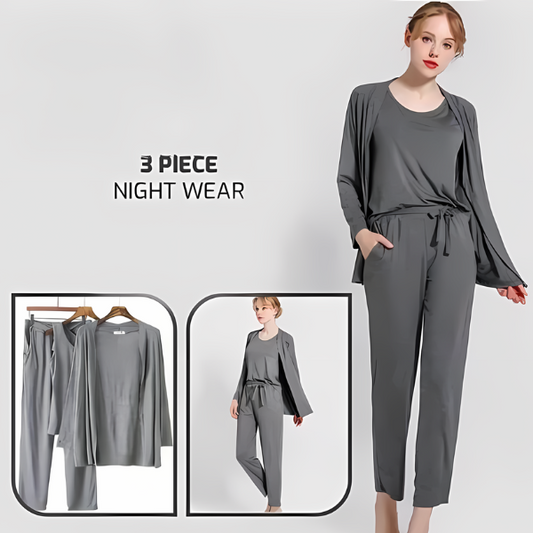 Grey Long Sleeve Women Night Suit PJ Set 3 Pieces