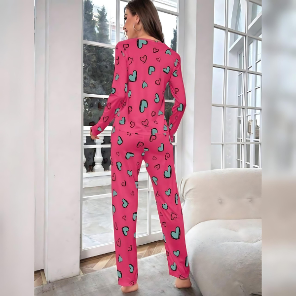 Shocking Pink Heart Printed Woman Pajama Set