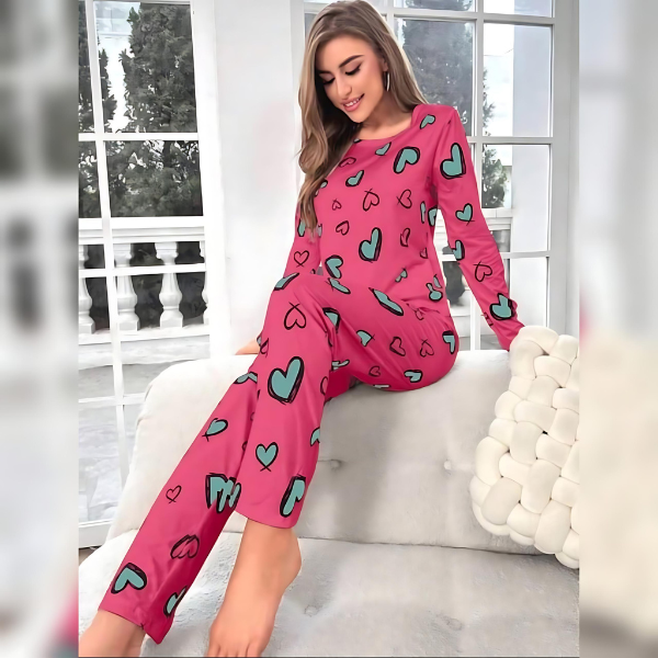 Shocking Pink Heart Printed Woman Pajama Set