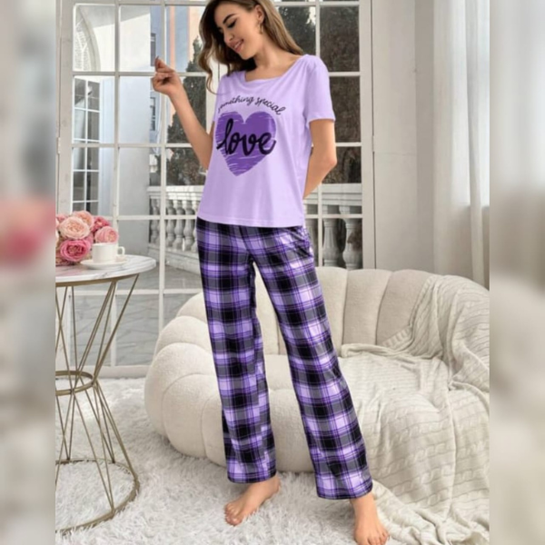 Purple Heart & Check Trouser PJ Nightsuit