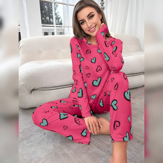 Shocking Pink Heart Printed Woman Pajama Set