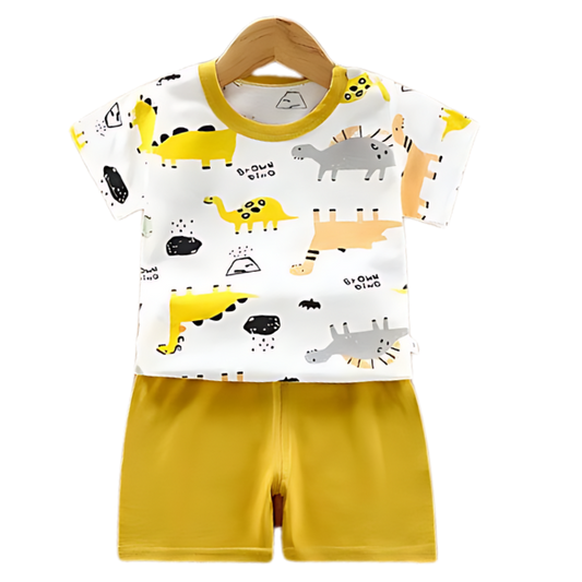 BROWN DINO SHORT SLEEVE SET KIDS WEAR