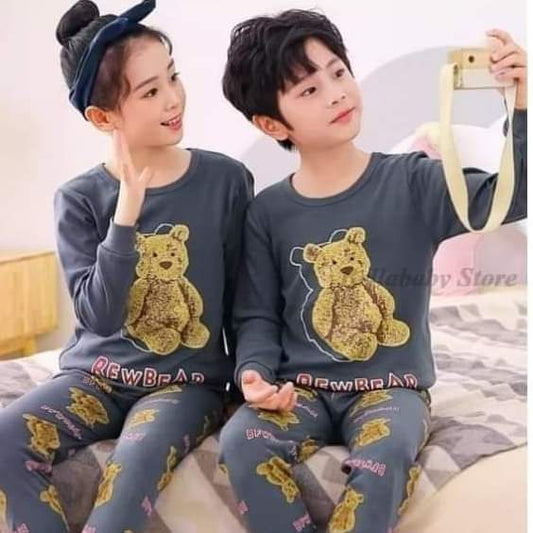 Dark Grey Teddy Bear Cartoon Printed Kids Wear