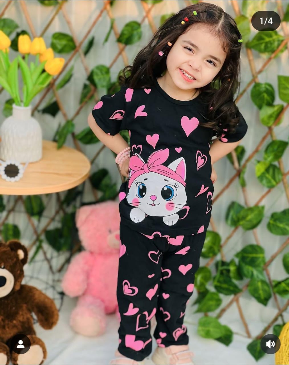 Black Kitty with Pink Hearts Printed Kids