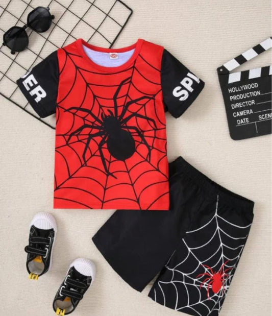 Red & Black Spider Man Print Short Set