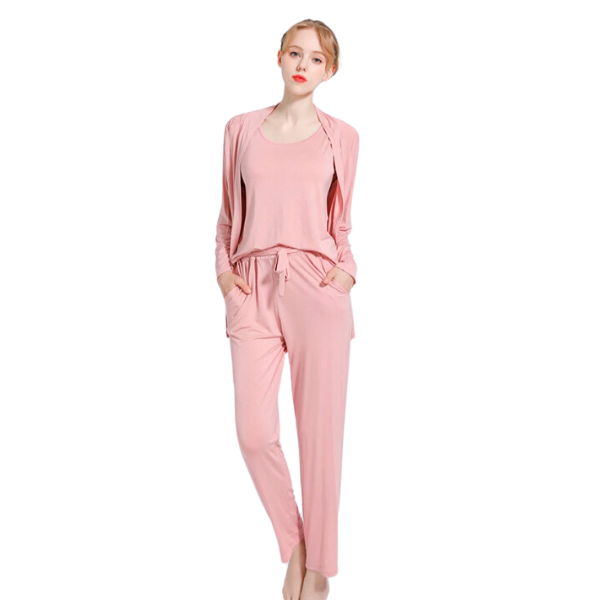 Long Sleeve Women Night Suit PJ Set 3 Pieces - Baby Pink