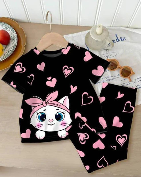 Black Kitty with Pink Hearts Printed Kids