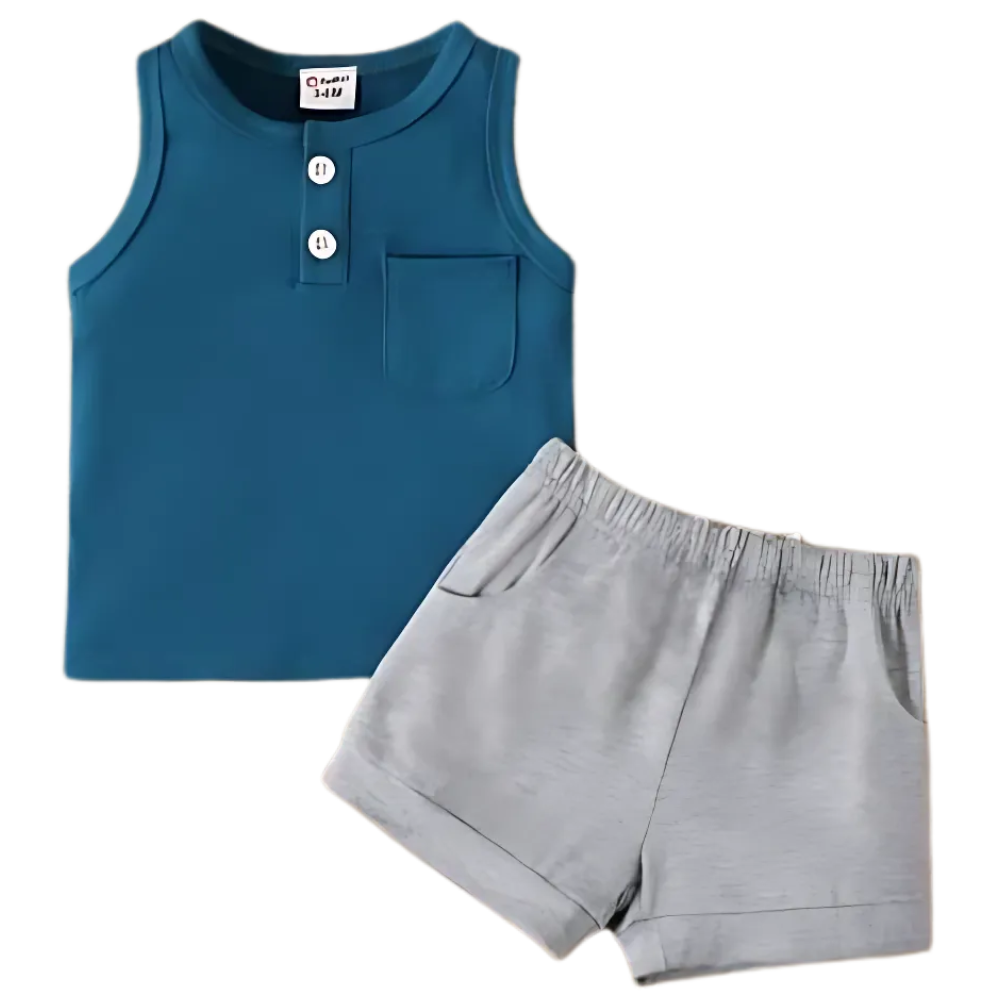 Blue Button Style Sando & Grey Short Set