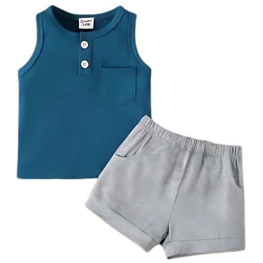 Blue Button Style Sando & Grey Short Set