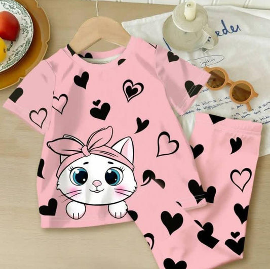 Pink Kitty with black Hearts Printed Kids