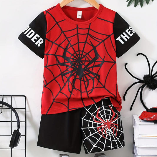 Red & Black Spider Man Print Short Set